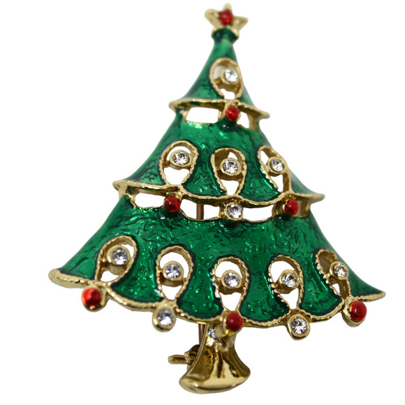 Vintage Enamel and Rhinestone Christmas Tree Pin Holiday Brooch 2.25" - Hey Viv - Picture 5 of 7